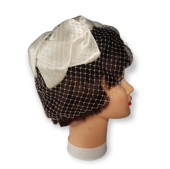 Ivory Satin Headband Hat with Netted Veil - Picture 5 of 6